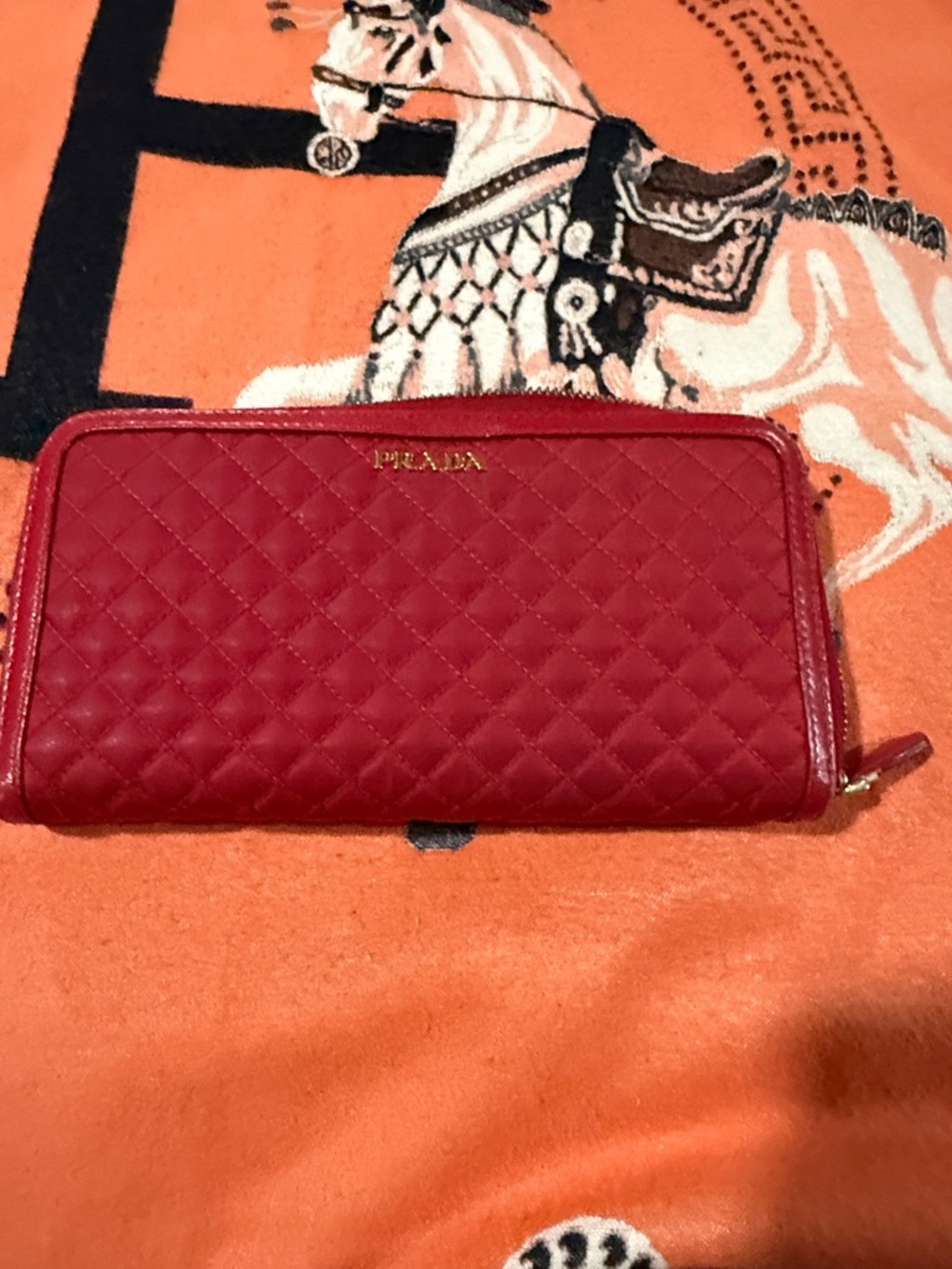 Prada Red Quilted Zip Wallet with Gold Logo